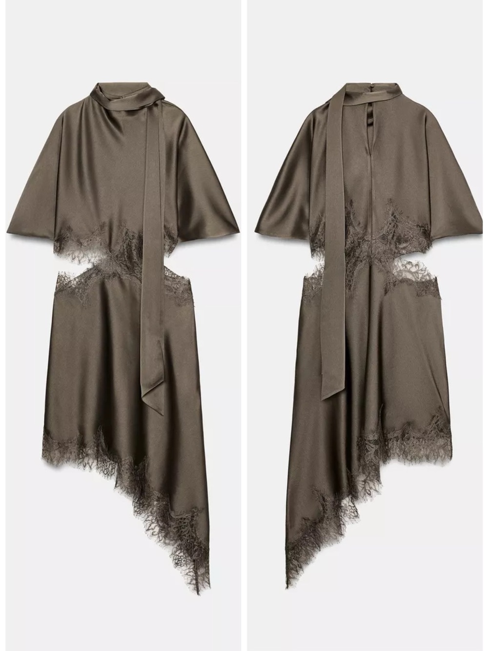 Zara Satin Cut Out Lace Dress Asymmetrical High Neck Scarf Brown Large - Picture 8 of 15